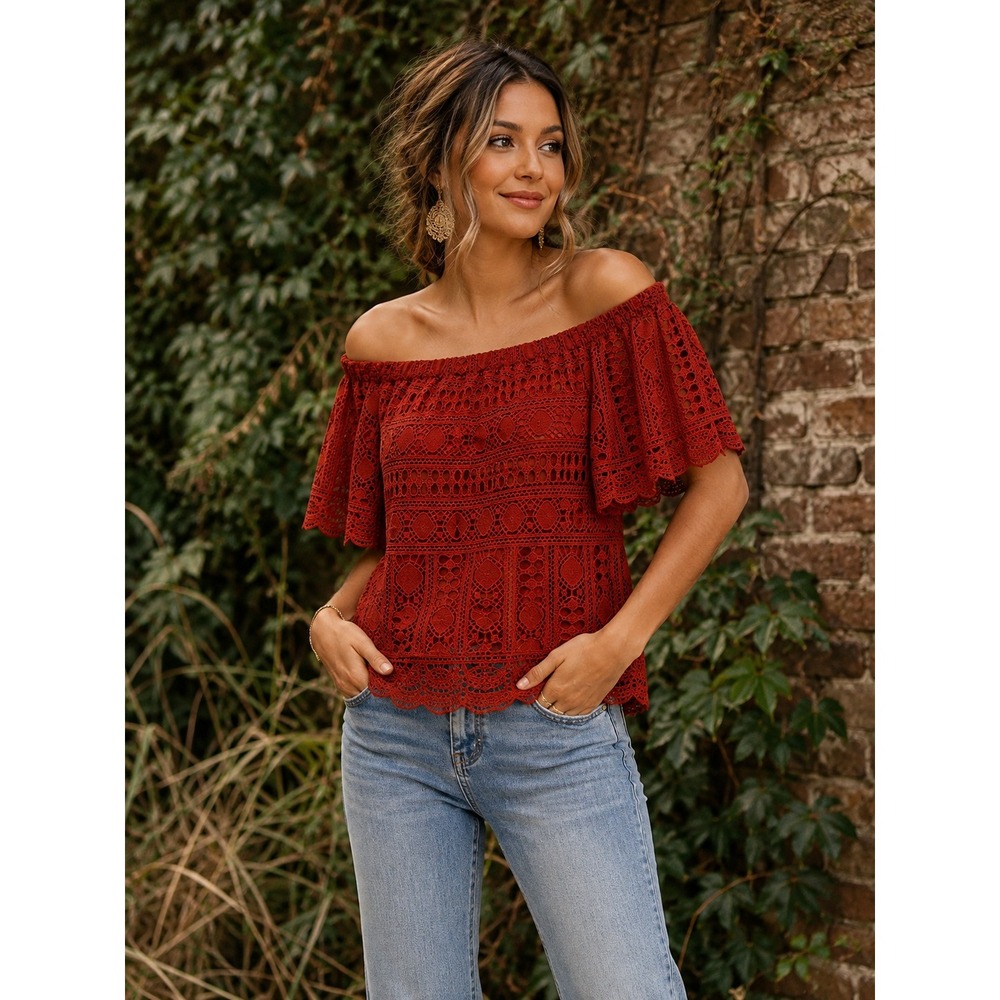 Sunday in Brooklyn Evie Red Crochet Lace Off Shoulder Top Blouse Small Boho